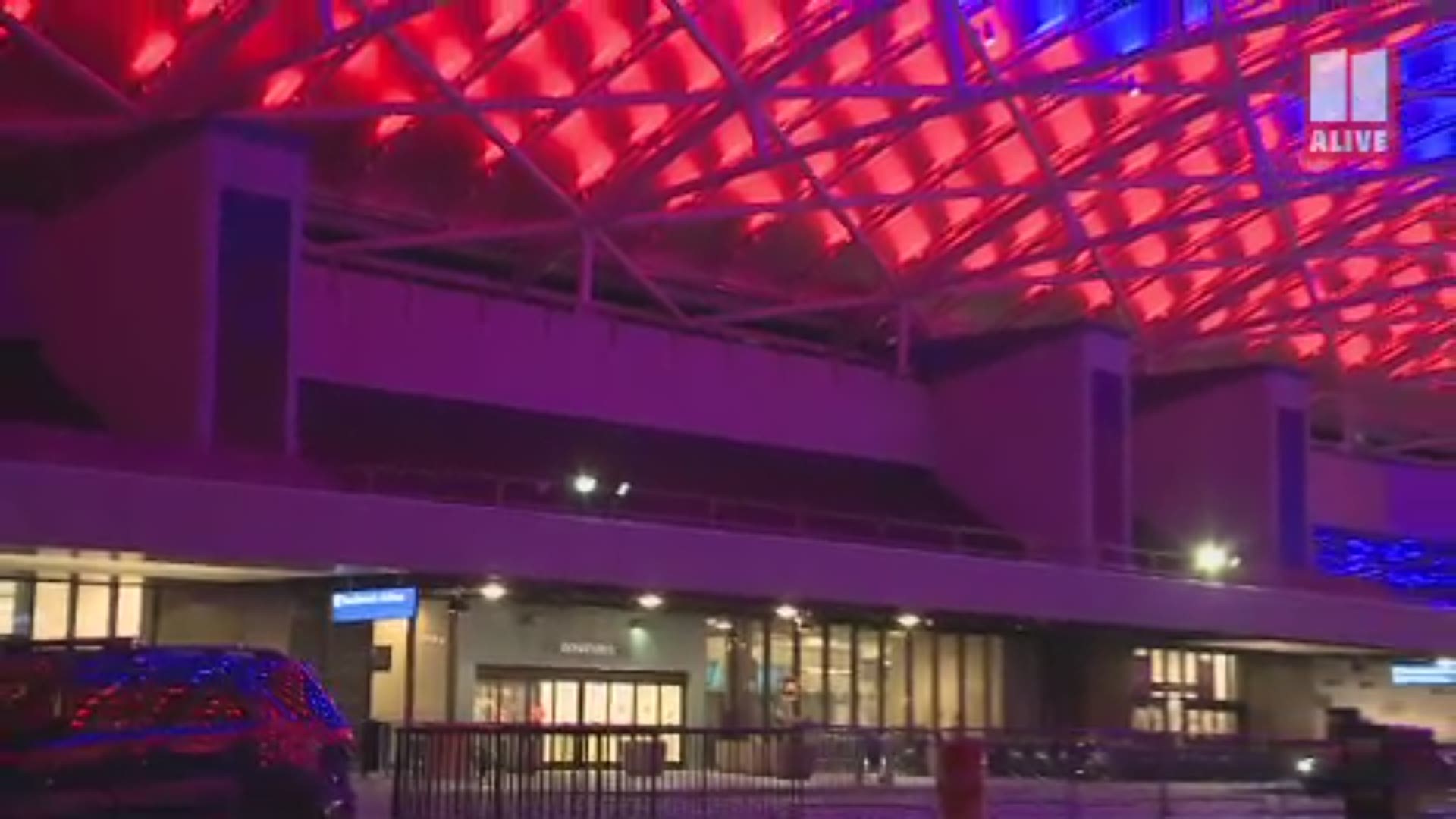 The new canopy at the Hartsfield-Jackson Atlanta International Airport it lit with a welcome message to everyone flying into Atlanta.