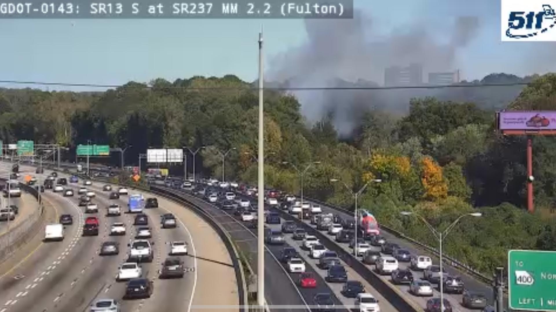 Brush fire disrupts traffic on I-85 North in Midtown Atlanta