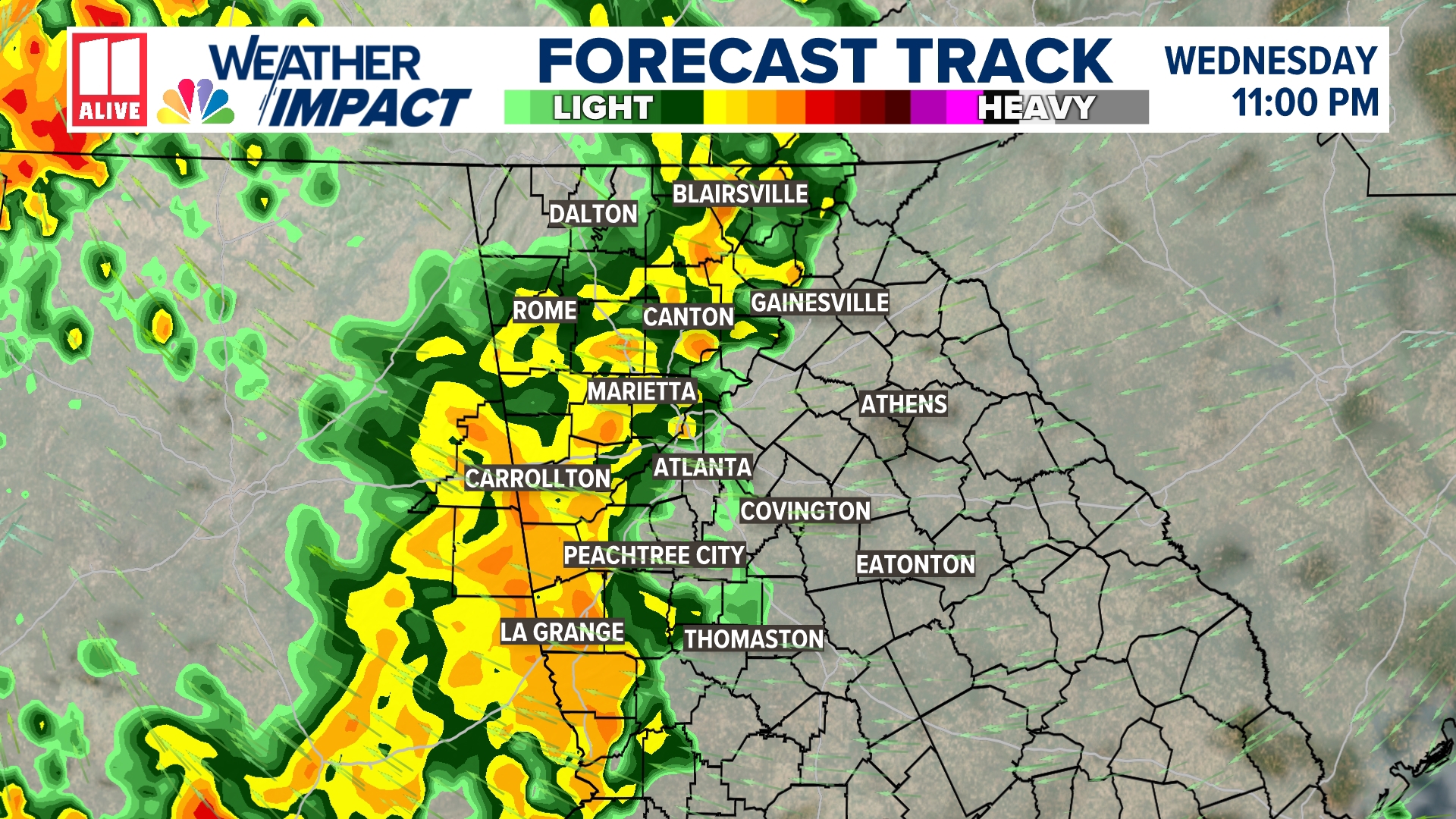 11Alive is tracking rain moving through the Atlanta area and north Georgia on early Thursday morning.