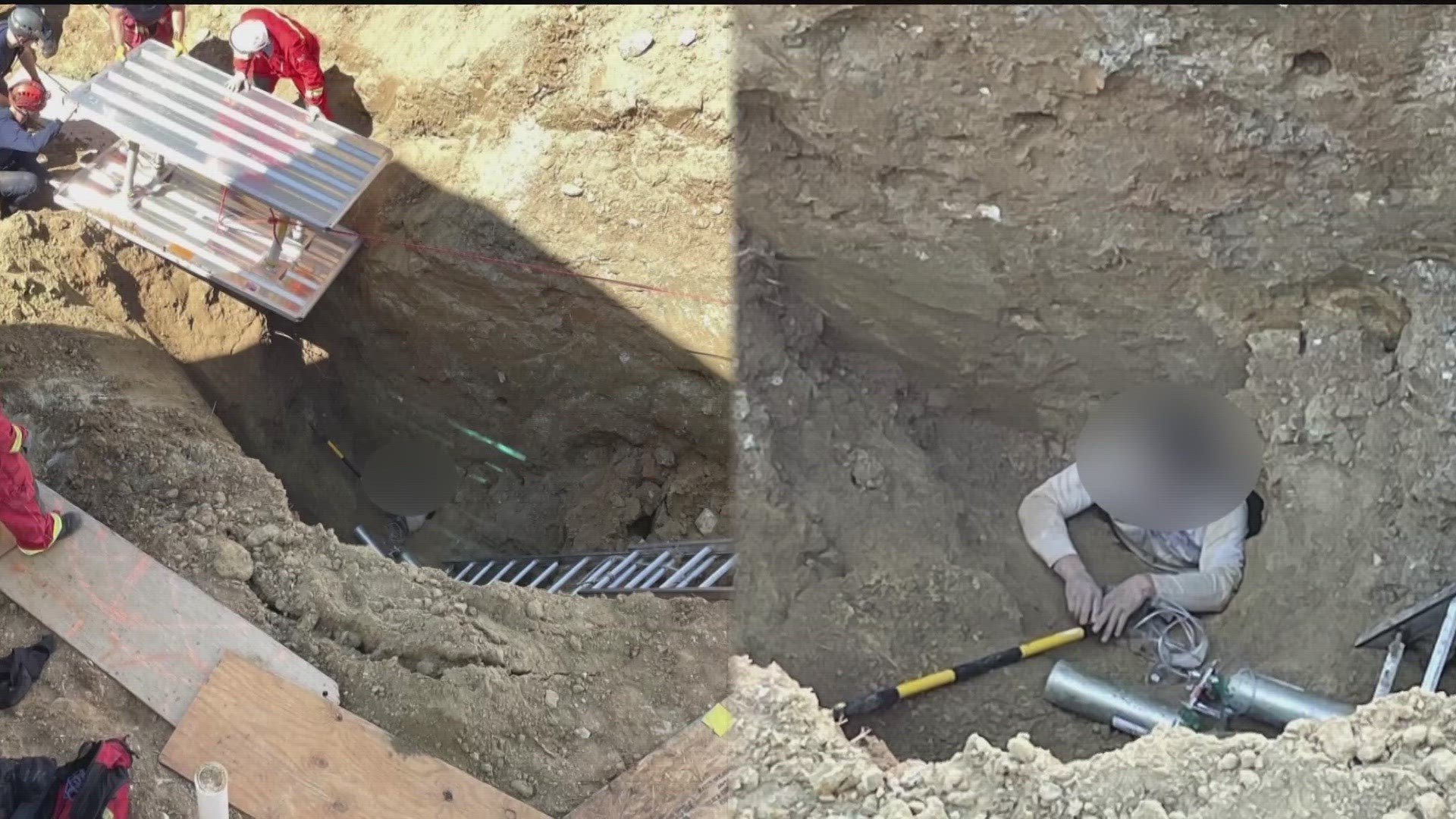First responders rescued a construction worker who was trapped 20 to 30 feet below ground after a trench reportedly collapsed Friday.