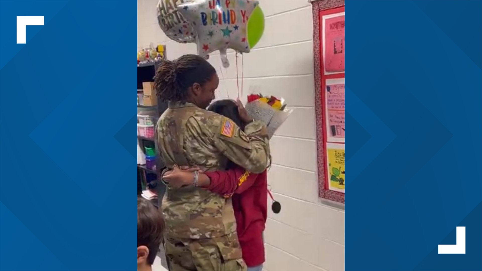 All of the emotions were captured on video when the girl's mom, having just returned home after a six-month deployment, walked into her daughter's class.