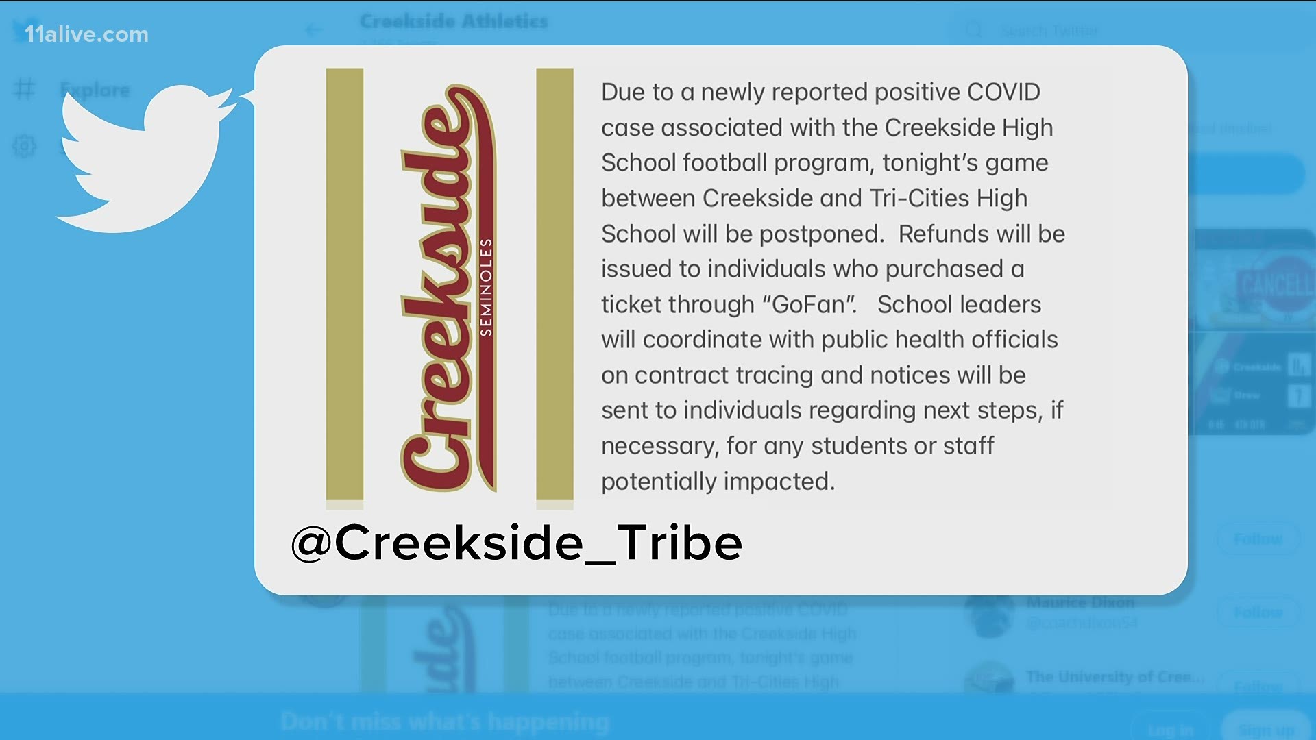 Creekside High School announced that its game on Friday against Tri-Cities had been postponed due to a COVID case.