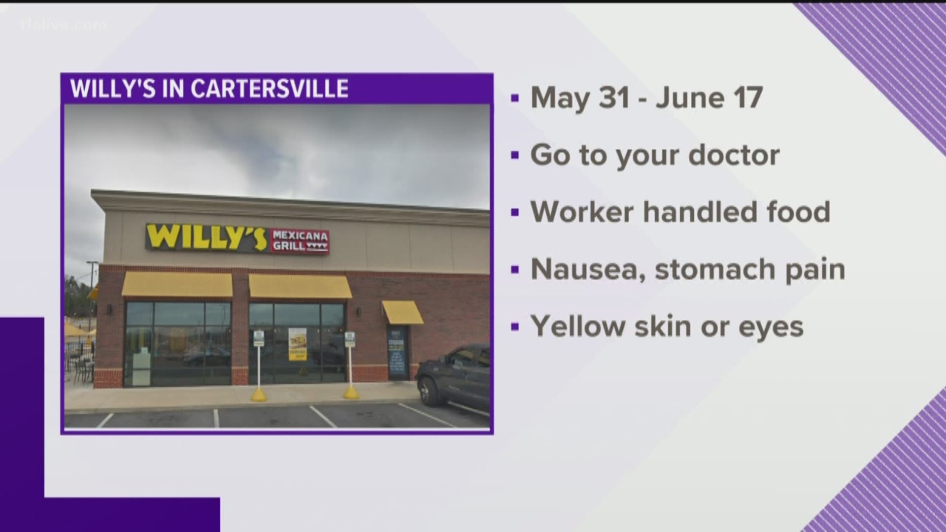 State Health Department officials said a worker at a Cartersville location of Willy's Mexicana Grill has been diagnosed with a case of hepatitis A.