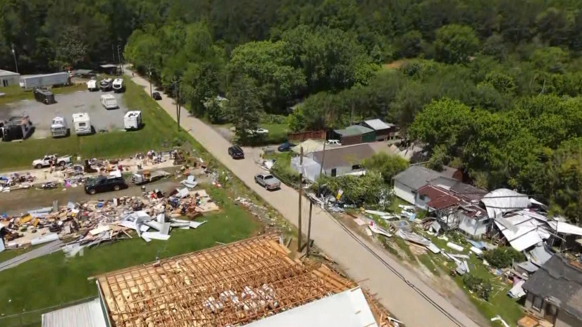 Preliminary results from a National Weather Service survey in Ellijay on Friday show EF-1 tornado damage in the area. Here's a birds-eye view of the damage left.