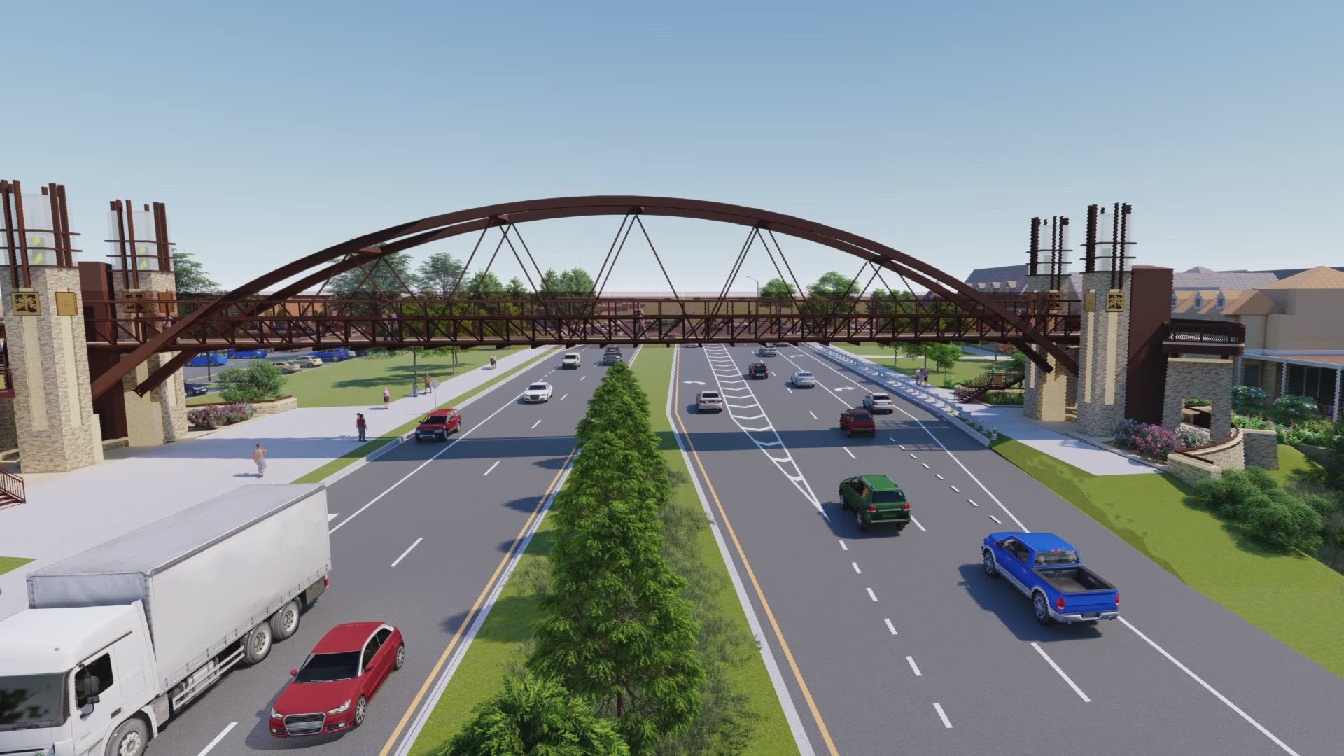 Video of construction underway on Pedestrian Bridge.