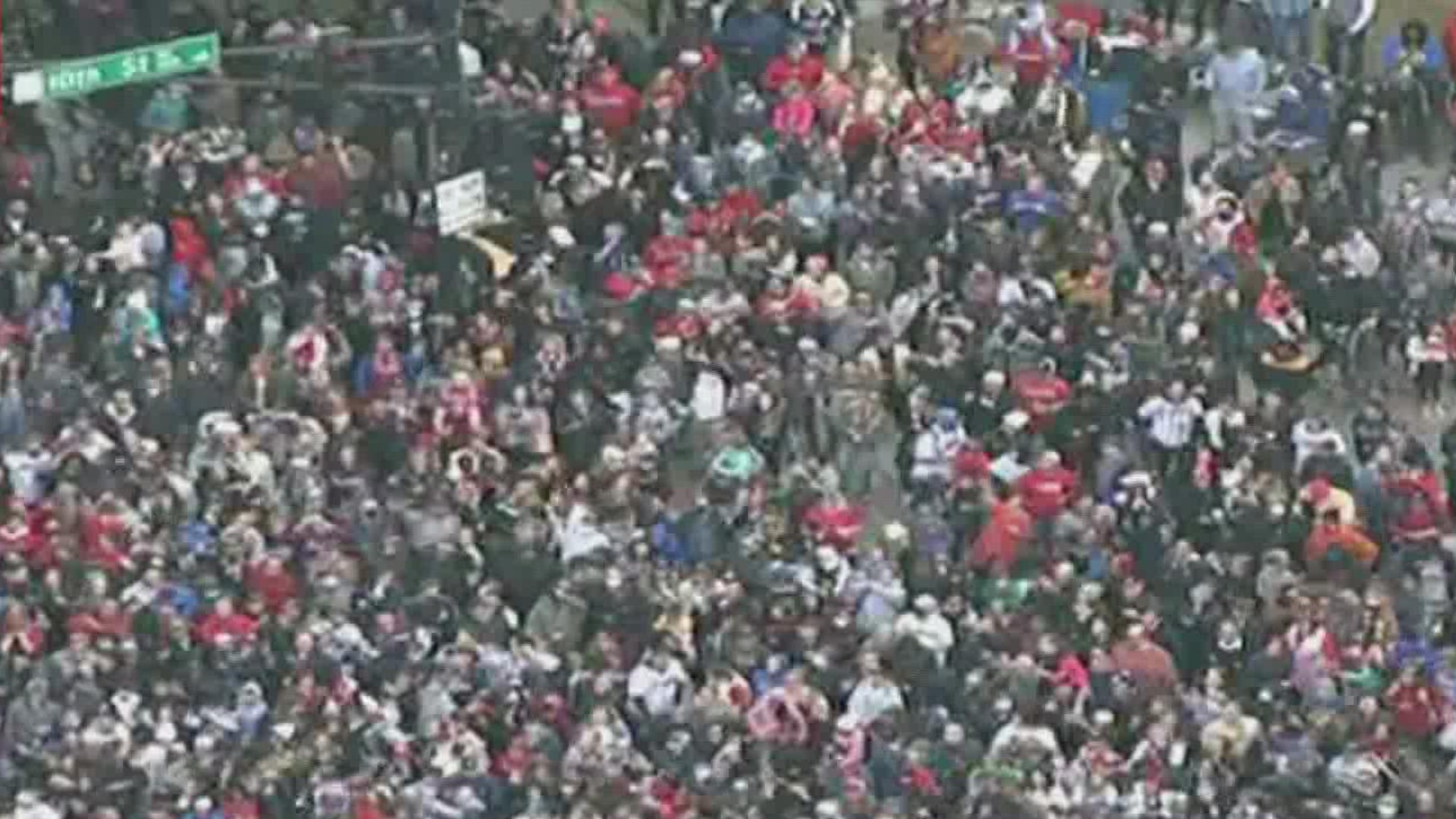 The parade is moving through downtown Atlanta and Midtown. It will then head to Cobb County.