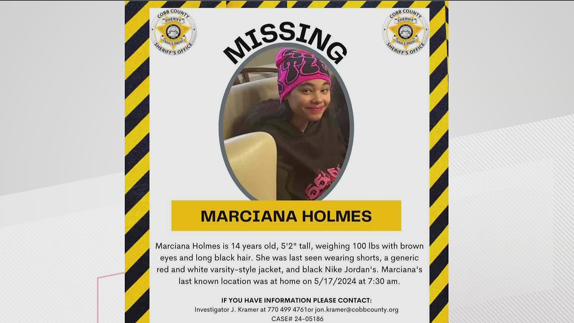 The Cobb County Sheriff's Office is seeking information on the whereabouts of 14-year-old Marciana Holmes.