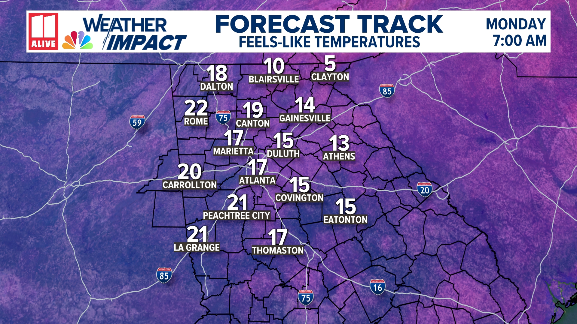 Weather Impact Alert | Another cold start for Monday morning | 11alive.com