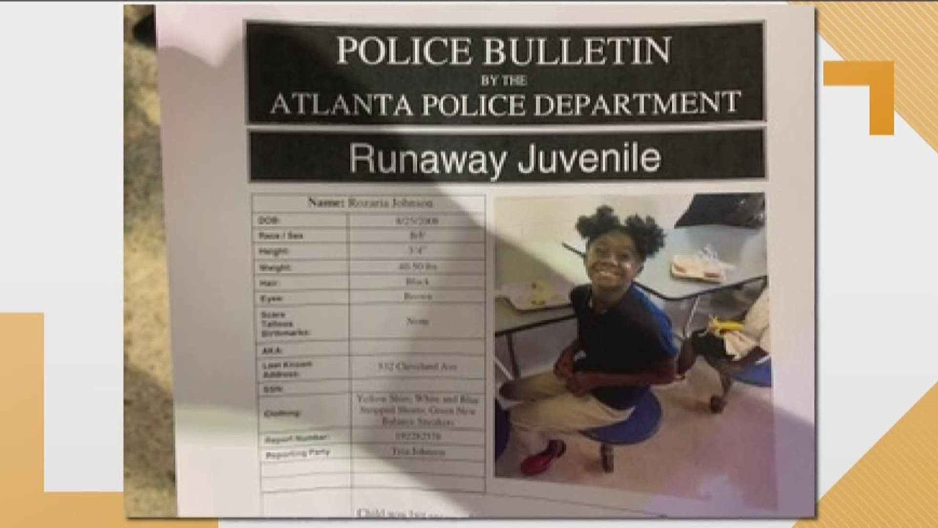 Atlanta Police are looking for 10-year-old Rozario Johnson, who they said was last seen around 5:30 Friday afternoon, Aug. 16, 2019, near 533 Cleveland Avenue, SW.