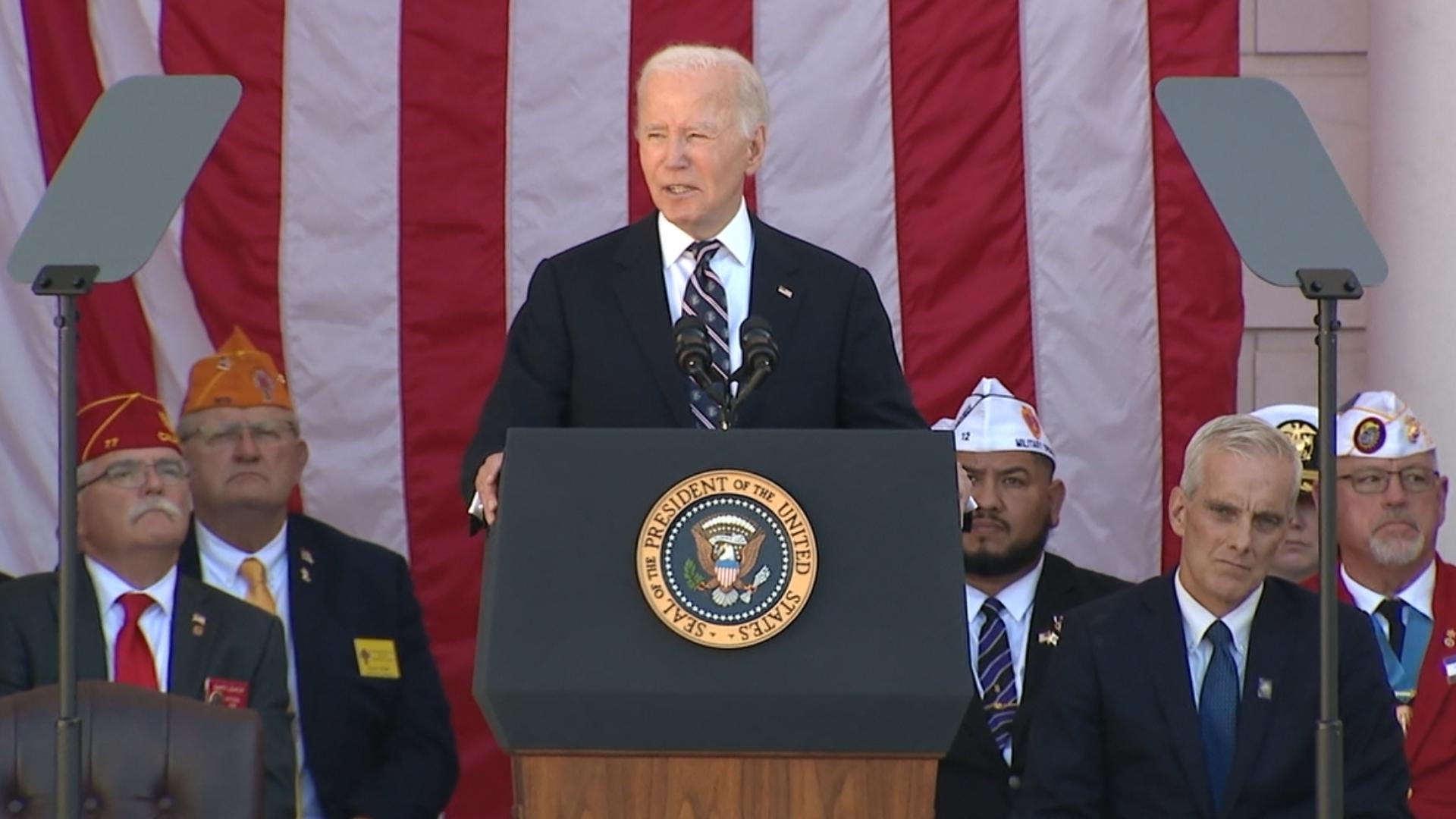 President Joe Biden delivers remarks at Arlington National Cemetery as part of its Veterans Day ceremony.