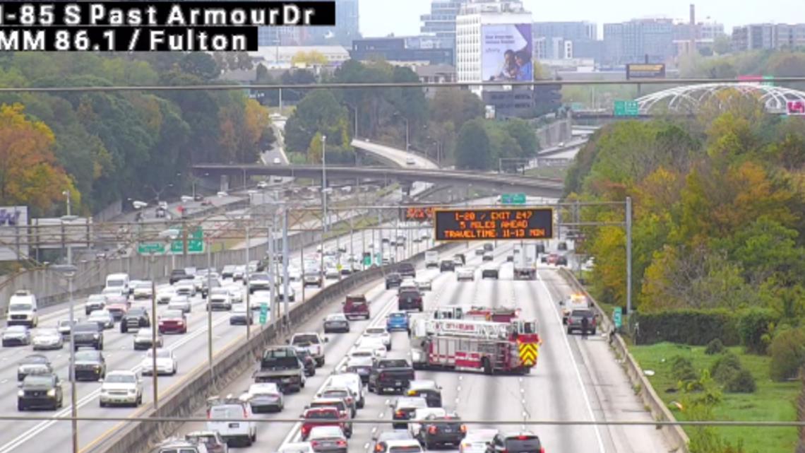 I 85 traffic multiple lanes closed crash before Midtown Atlanta
