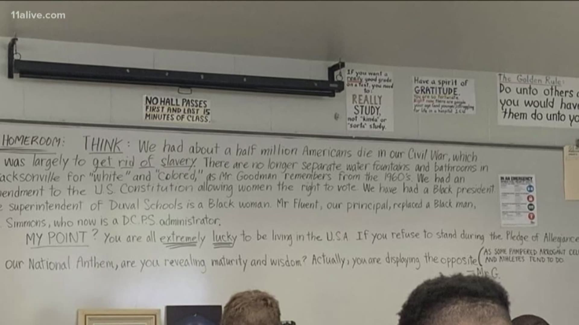 The message chastised students who chose not to stand for the pledge of allegiance, calling them "extremely lucky to be living in the USA."