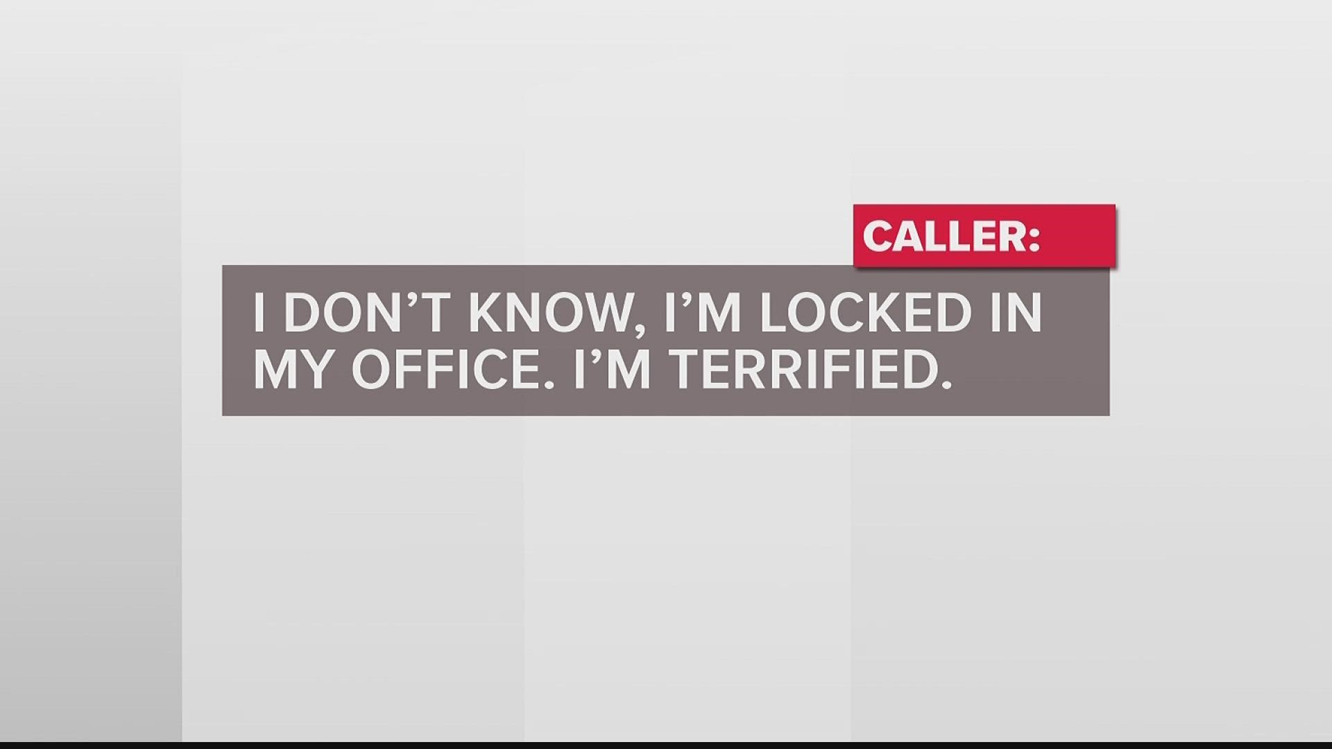 Callers are heard whispering out of fear of an active shooter in their building.