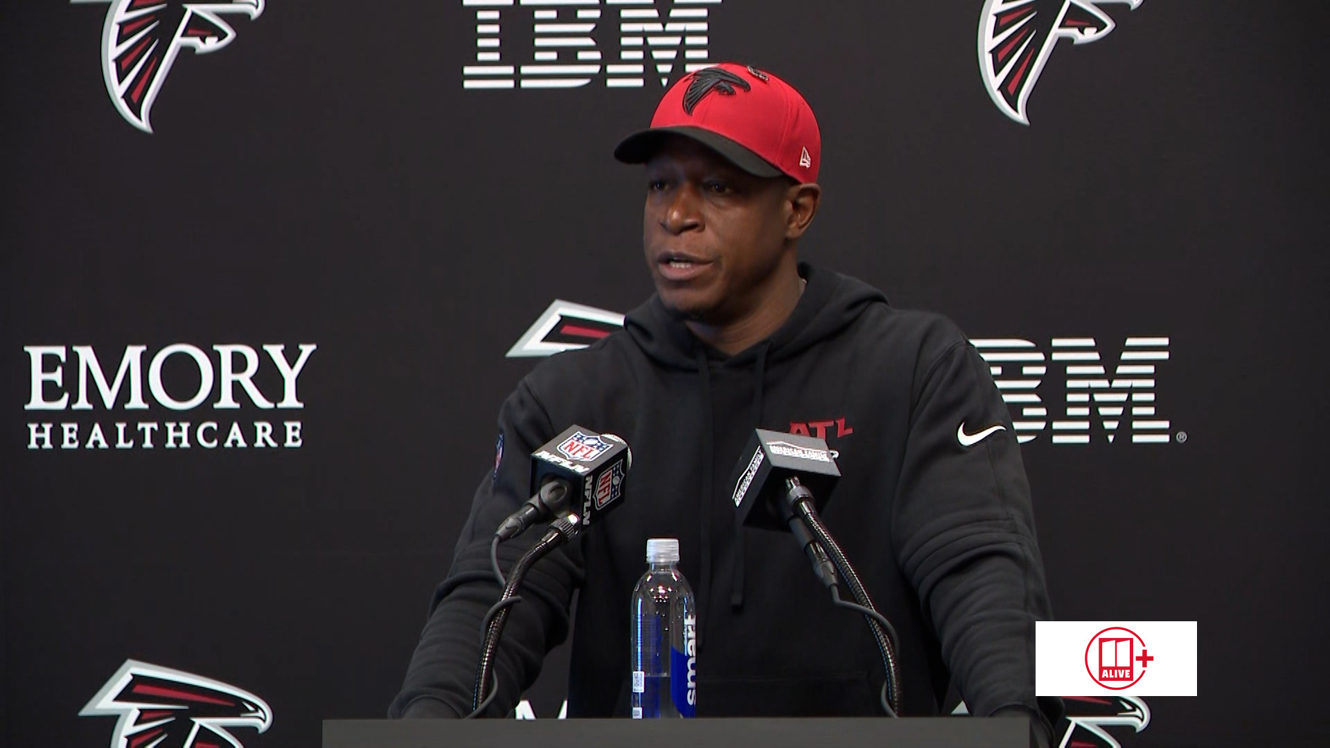 Falcons head coach Raheem Morris answer questions about the decision bench Kirk Cousins in favor of Michael Penix ahead of the NY Giants this weekend.