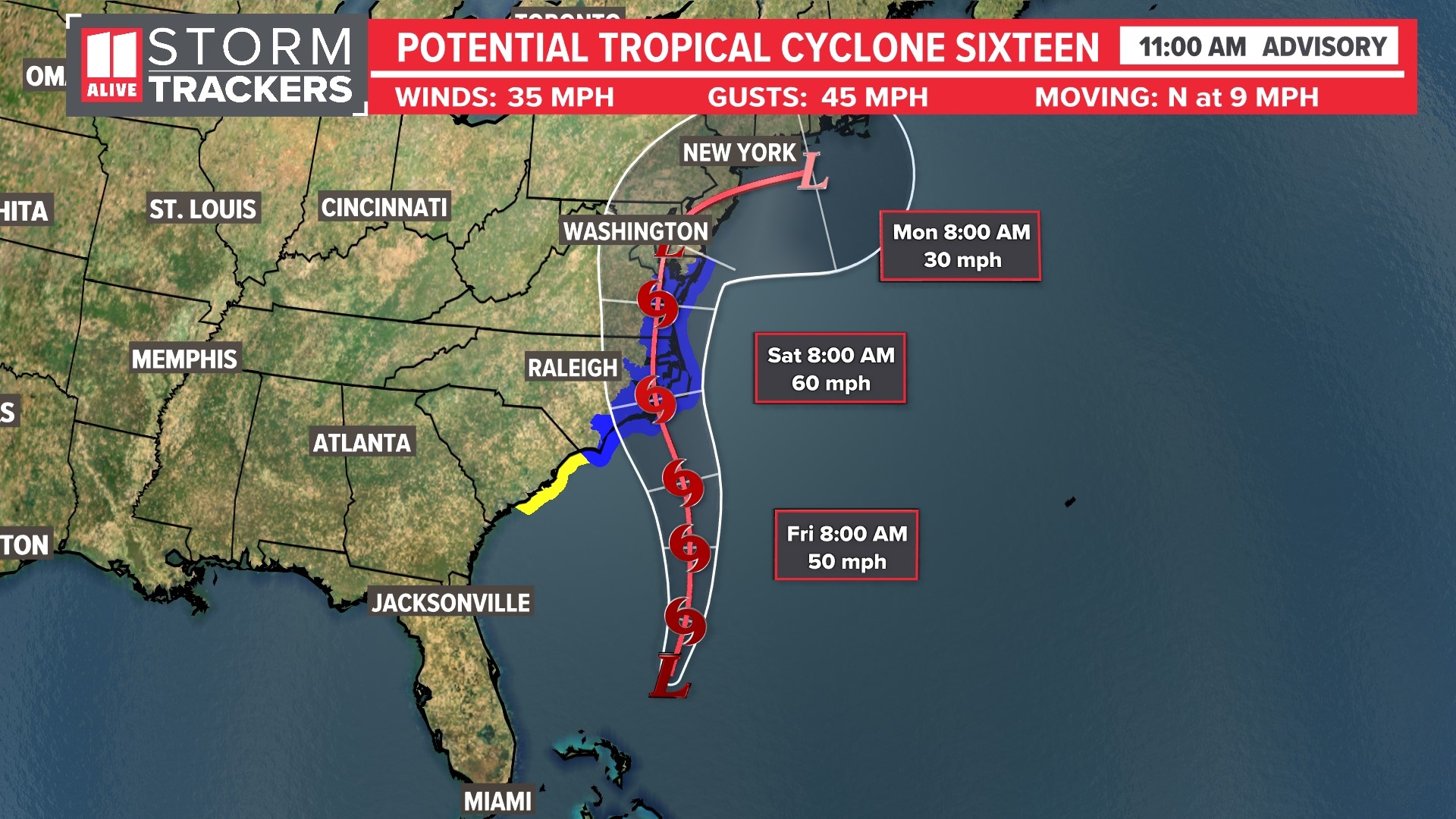 Tropical storm warnings issued as Tropical Cyclone 16 forms off our coast,  ready to push rain over ENC