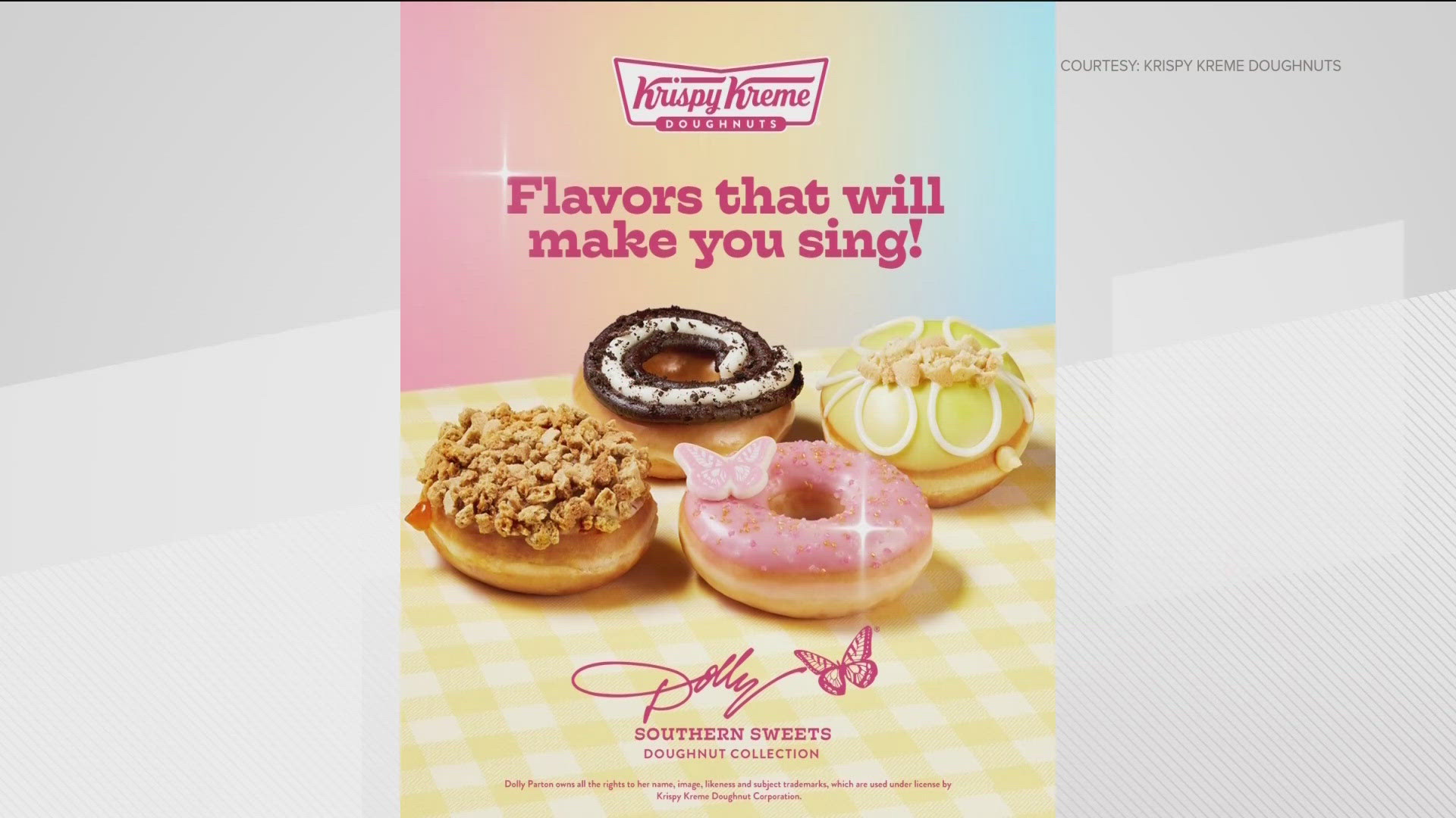 Dolly Parton unveiled four new doughnut flavors: Dolly Dazzler, Peachy Keen Cobbler, Banana Puddin' and Chocolate Creme Pie.