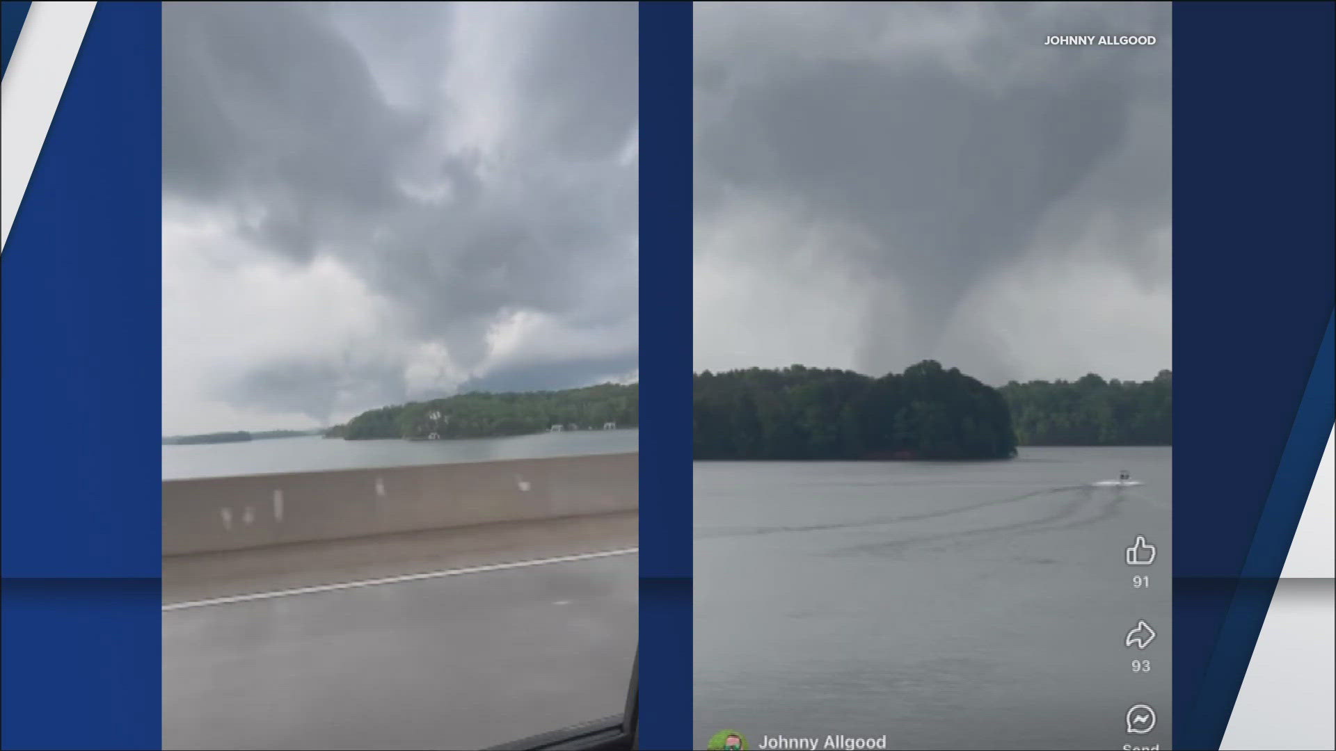 It's unclear at this point whether the funnel cloud was a tornado or remained over the lake as a waterspout, but damage has been reported in the area.
