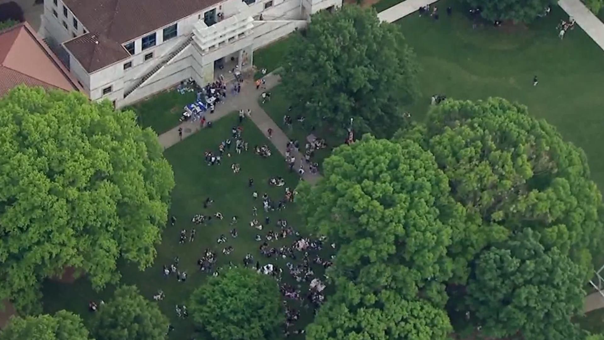 A student rally is taking place on Friday evening. 11Alive SkyTracker flew over the scene.