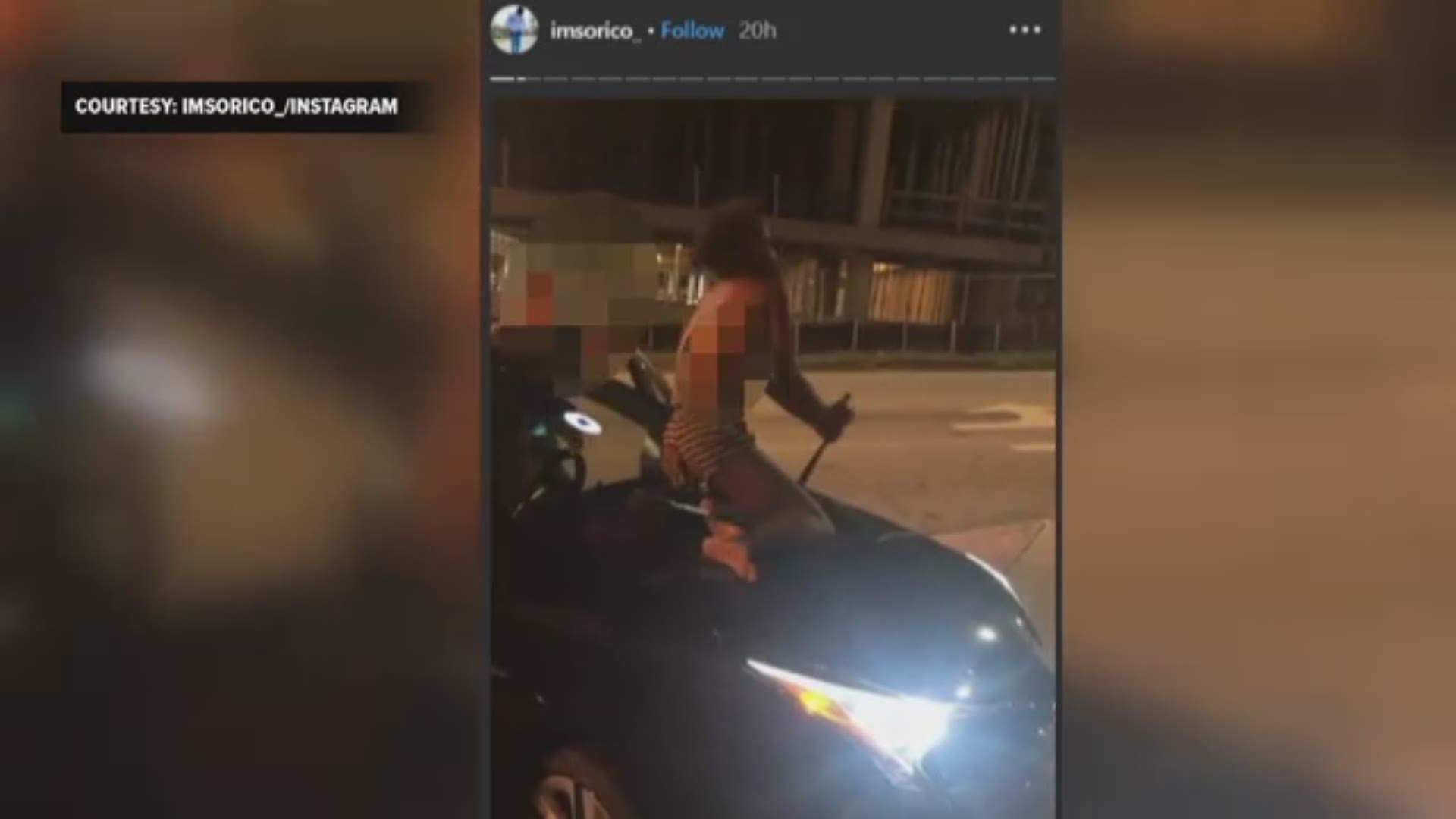In the video recorded by bystanders, you see the woman on the hood of the man's car and the man yelling "get off my car!"