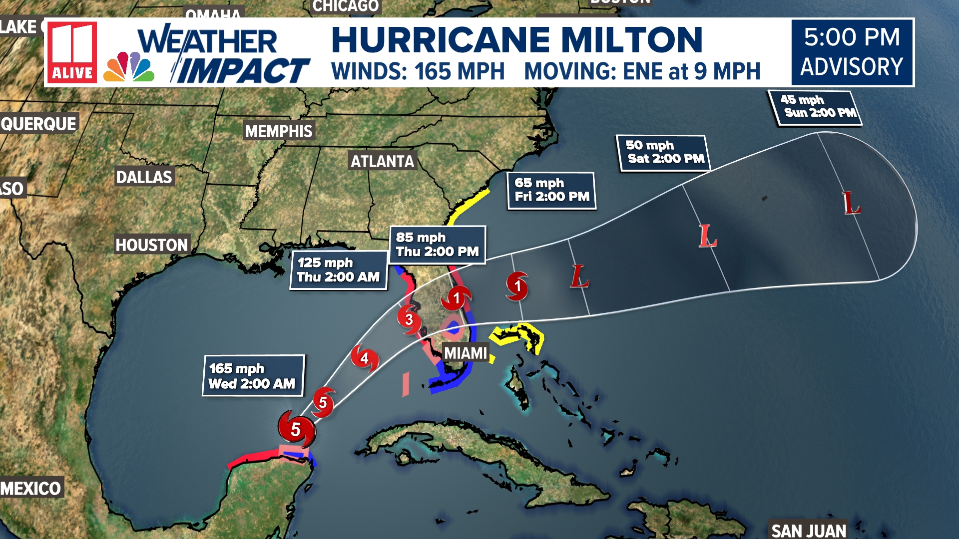 Milton underwent incredible rapid intensification on Monday, reaching peak winds of 180 mph. Here's the latest on its projected track.