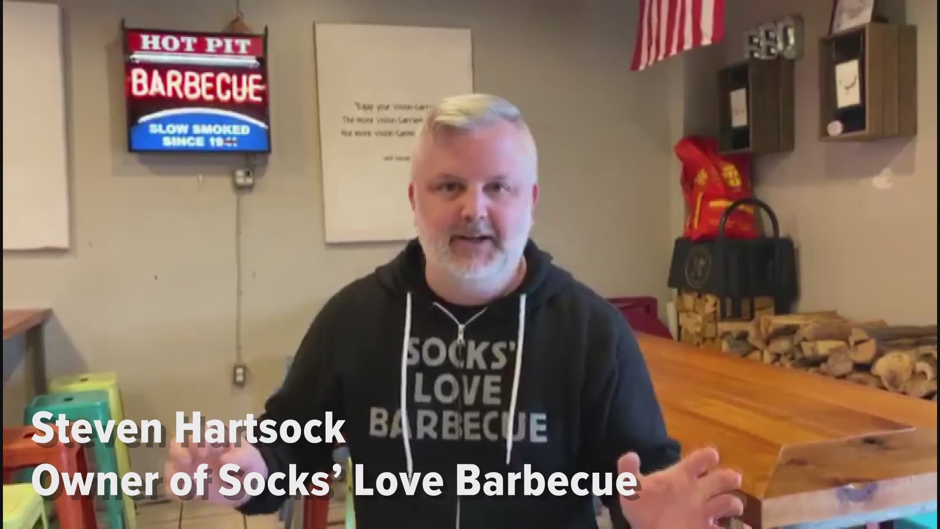 Owner of Socks' Love Barbeque offers free food to the unemployed, children, restaurant workers, and another in need of a meal.