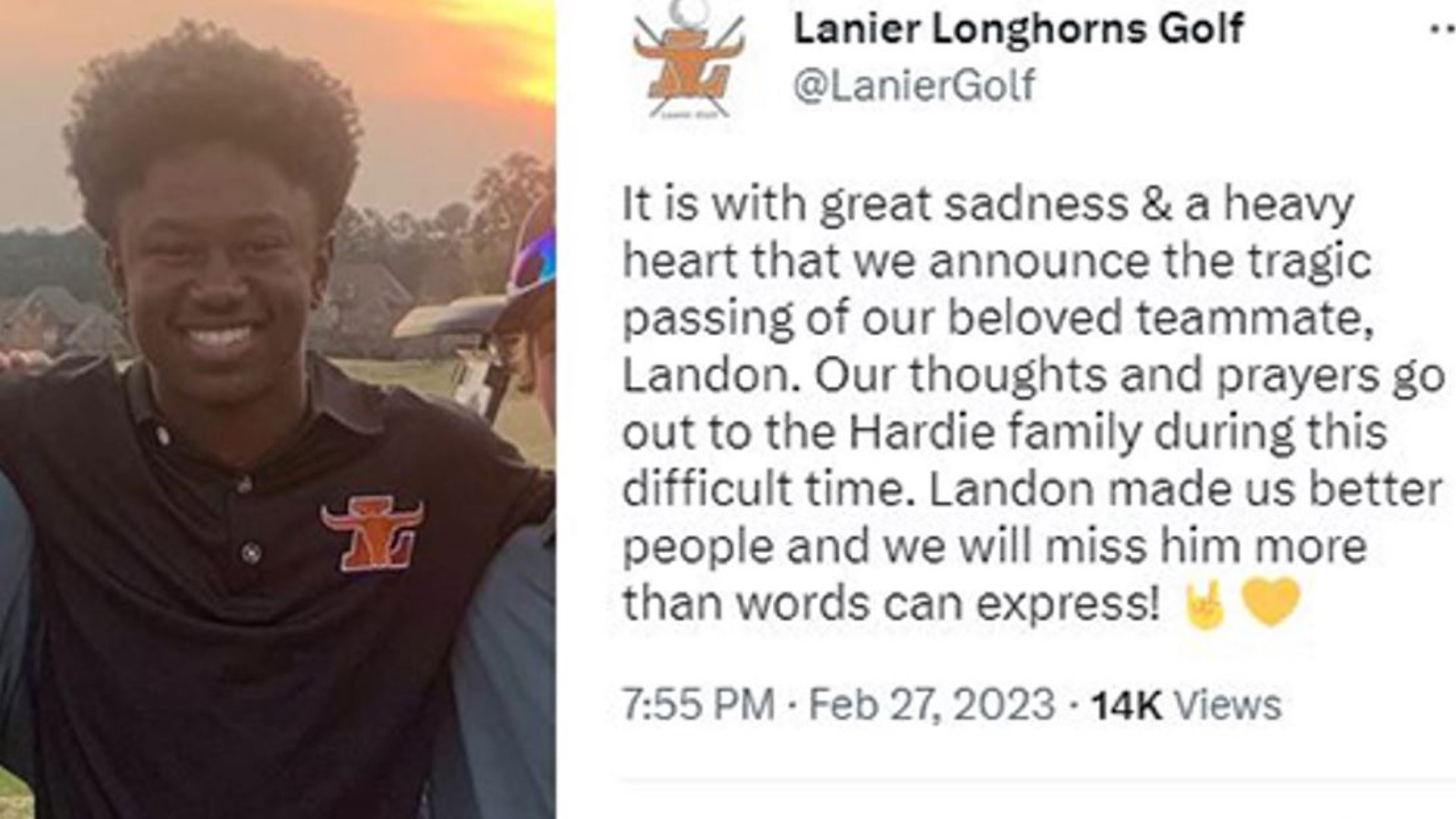 The Lanier High golf team tweeted about the passing of Landon Hardie earlier this week.