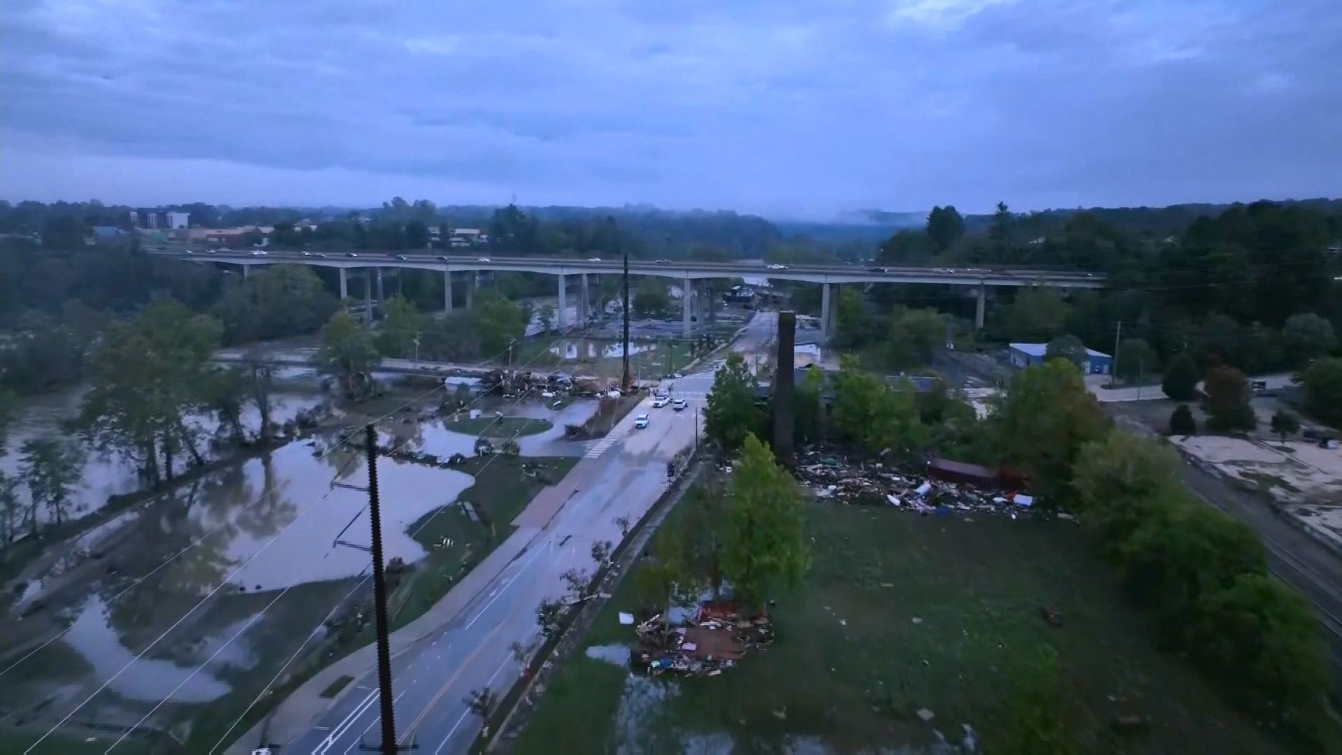 Aerial views of the damage to Asheville, NC from Hurricane Helene