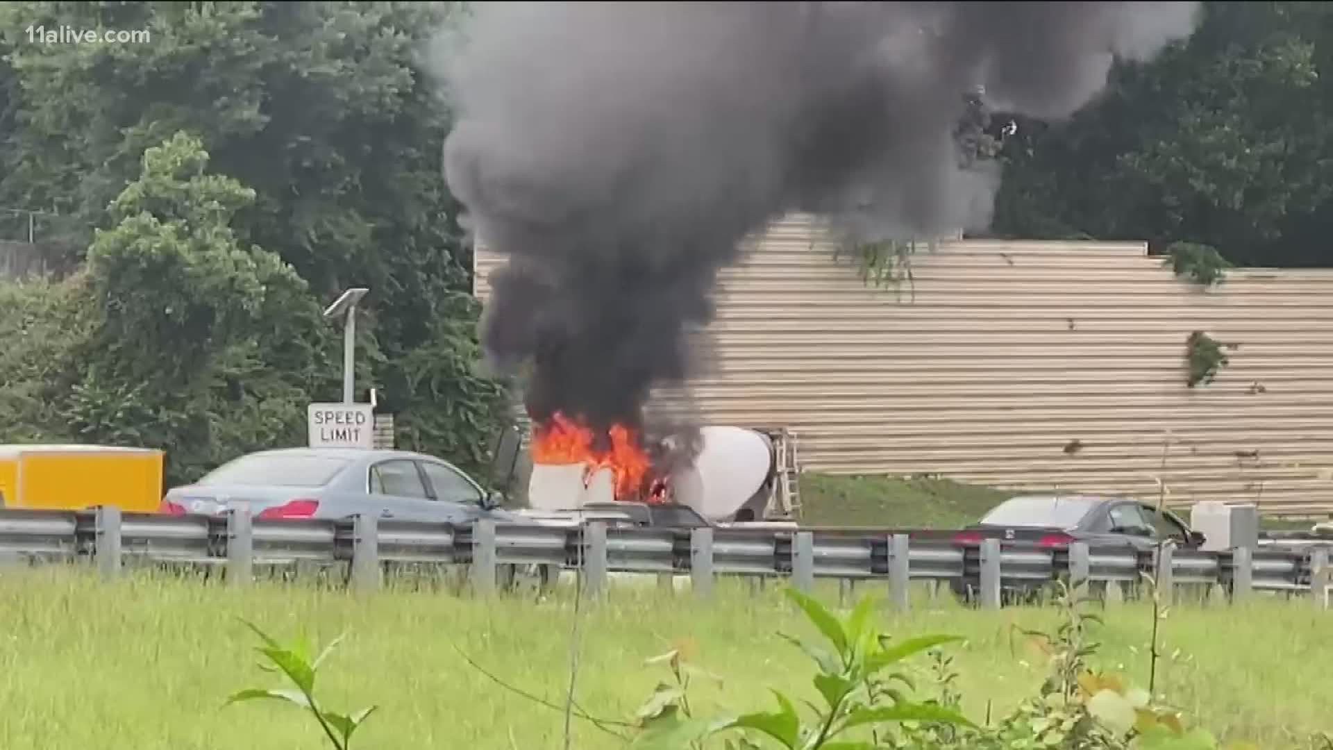 Video shows the truck in flames as other vehicles drive around. Heavy smoke also filled the air.