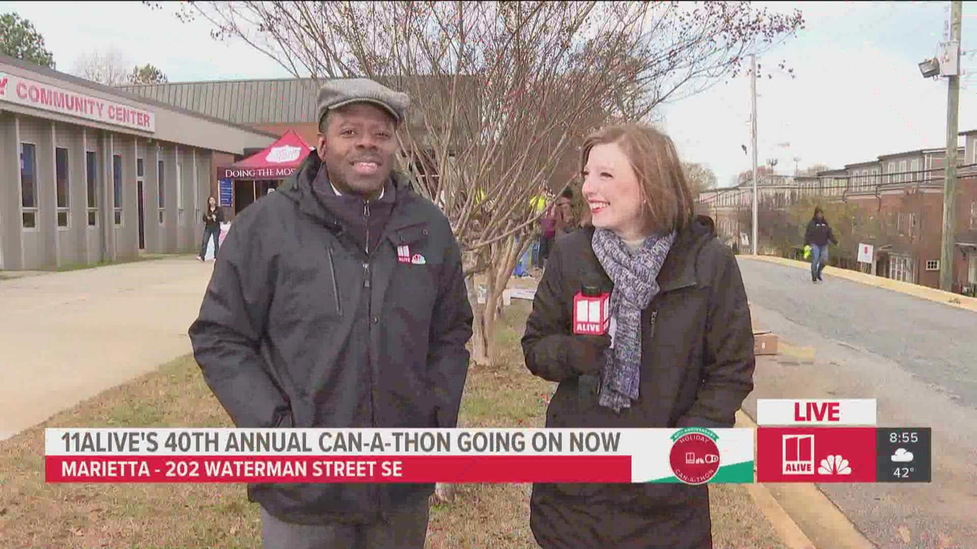 11Alive's Chesley McNeil and Kristin Crowley are manning the Can-A-Thon drop-off location in Marietta.