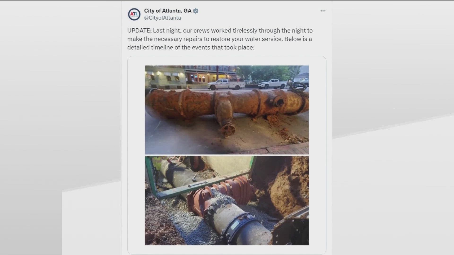 The Atlanta Watershed made a post on X showing the difference between the old rusty pipes and the new pipes they are installing.