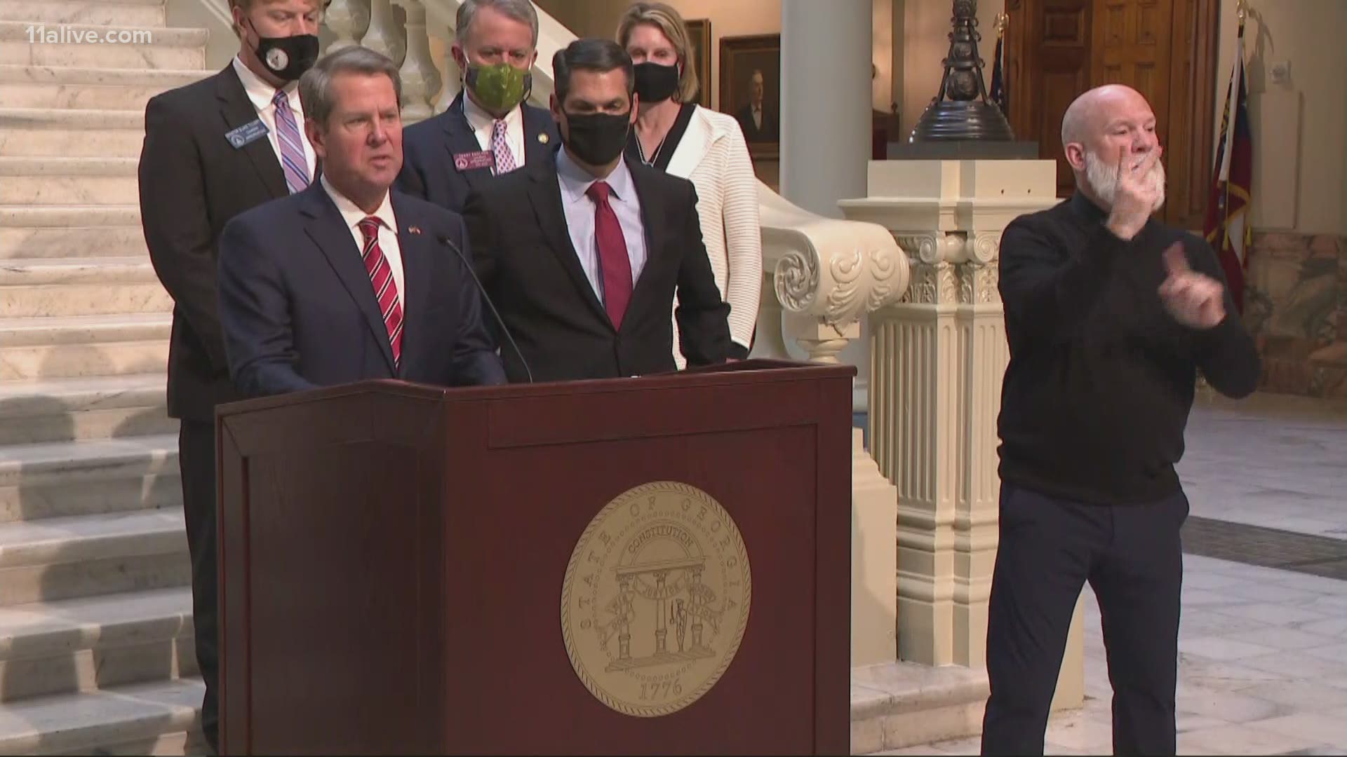 Gov. Brian Kemp, House Speaker David Ralston and Lt. Gov. Geoff Duncan spoke at a press conference on Wednesday.