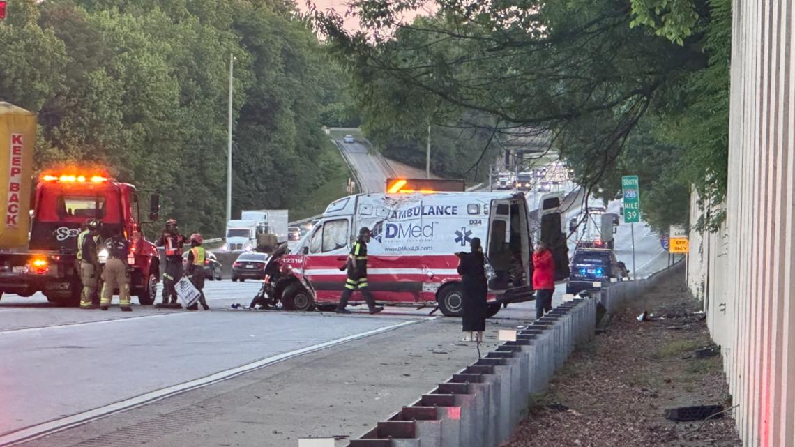Ambulance transporting patient flips over in crash on I-285 in DeKalb County, officials say