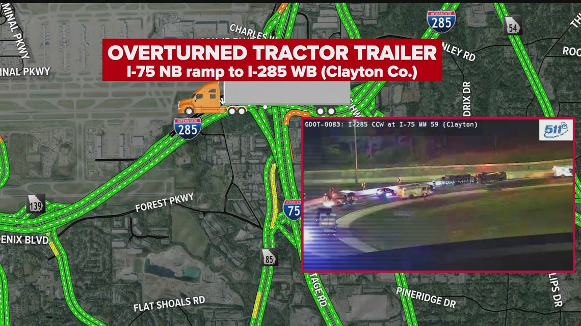Tractor-trailer overturns on I-75 north in Clayton County | 11alive.com
