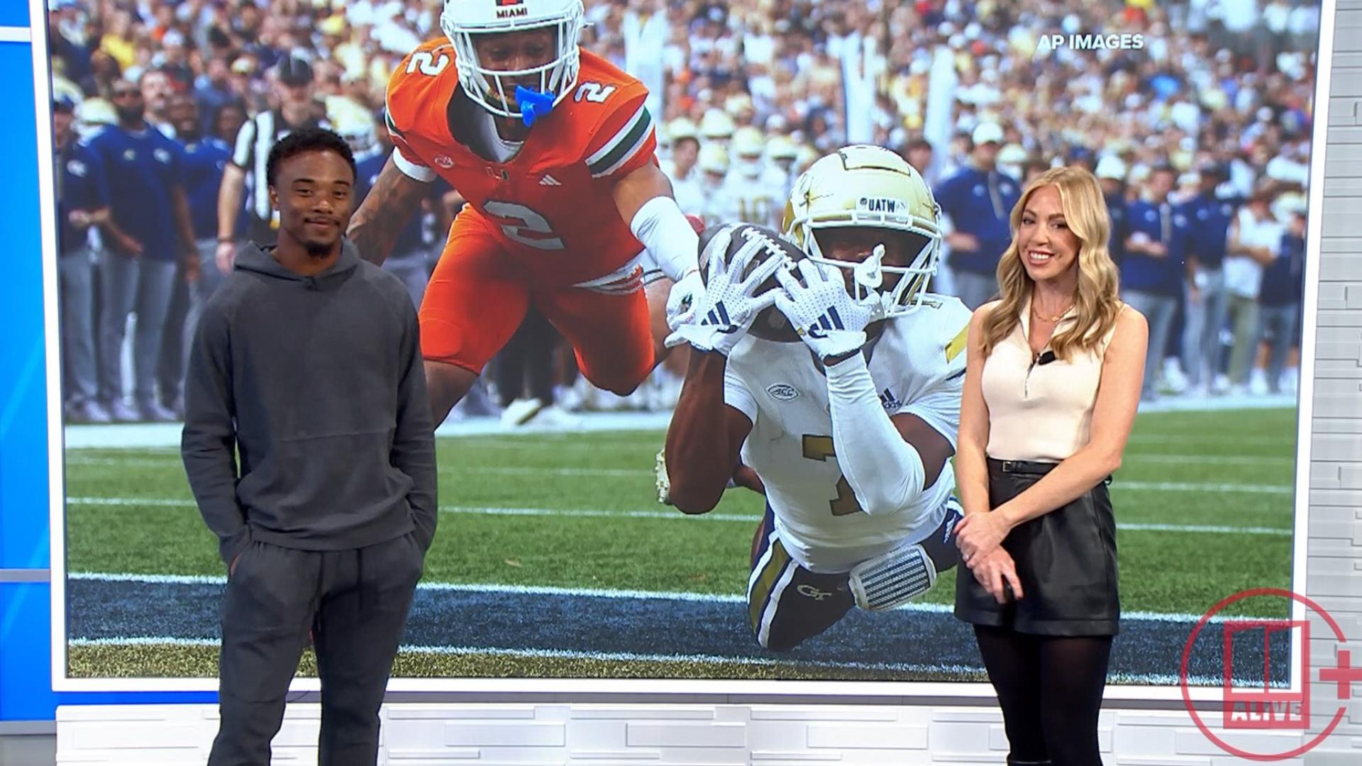 11Alive's Maria Martin is joined by Georgia Tech wide receiver Chase Lane after Tech's upset win over No. 4 Miami.