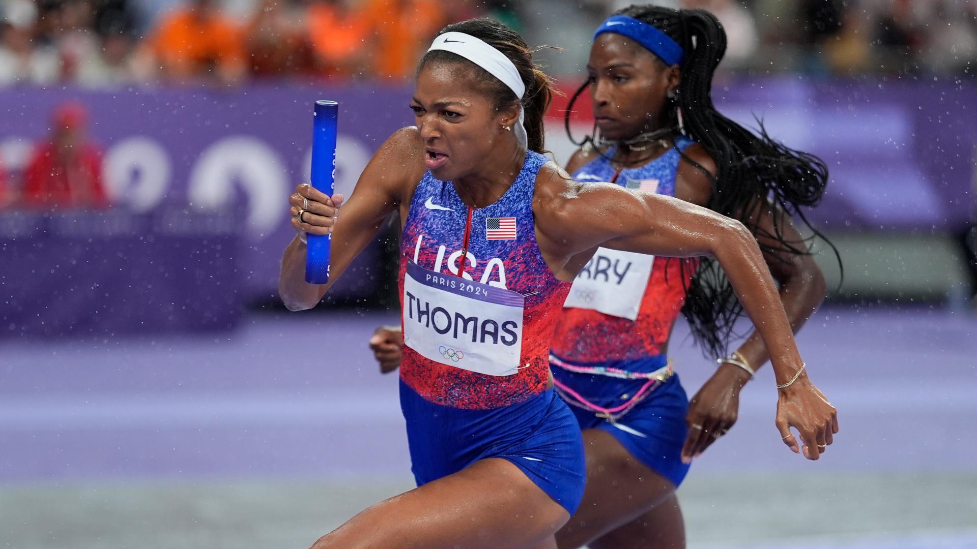 Gabby Thomas runs third leg to help win 4x100m relay at Olympics