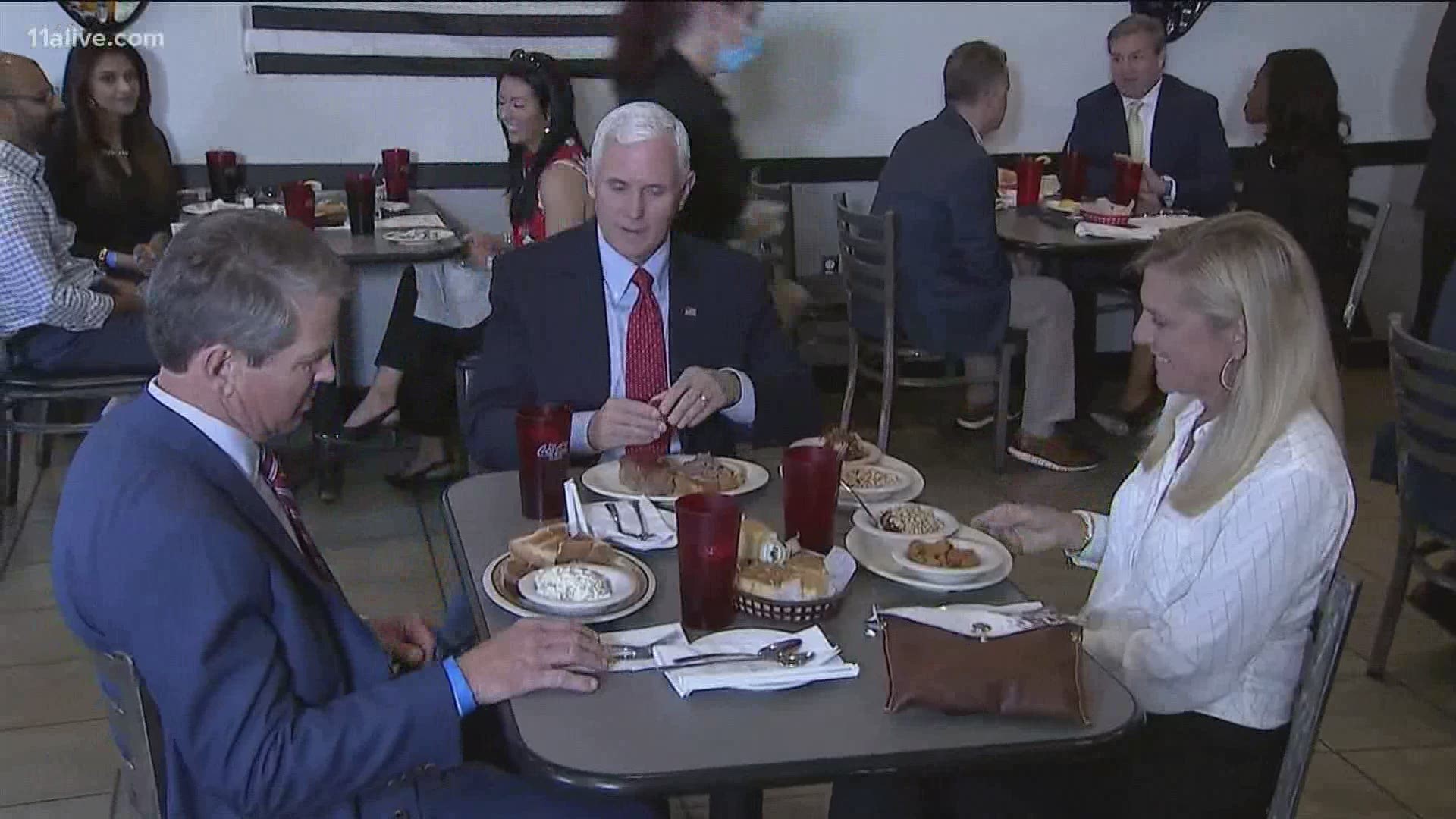 The Vice President sat at a table in the middle, along with the governor and Georgia's first lady. Other patrons were kept at least six feet away.