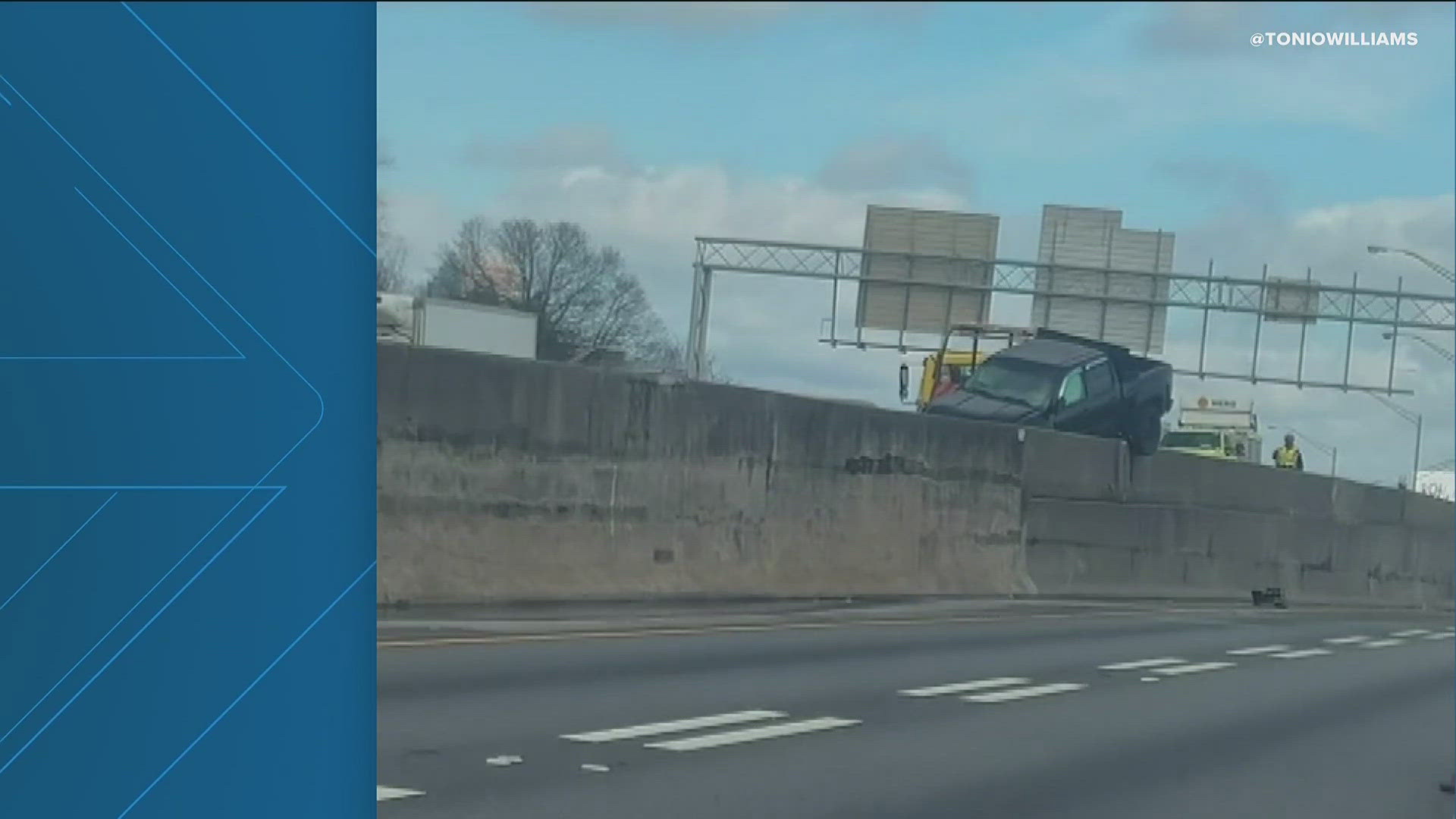 A pickup truck flew over the median on I-75/85 south near University Avenue on Thursday morning. 