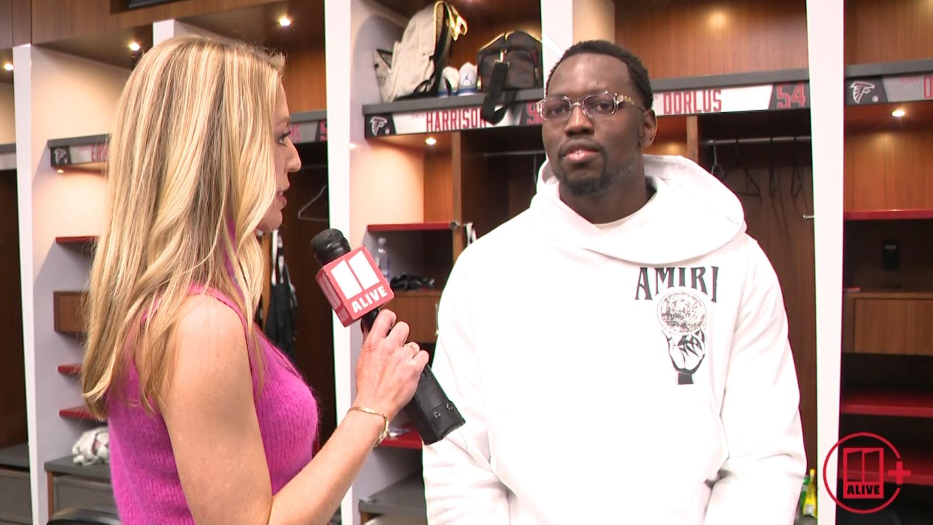 Falcons' outside linebacker Arnold Ebiketie talks with 11Alive's Maria Martin after the Falcons' 27-21 win over the Cowboys.