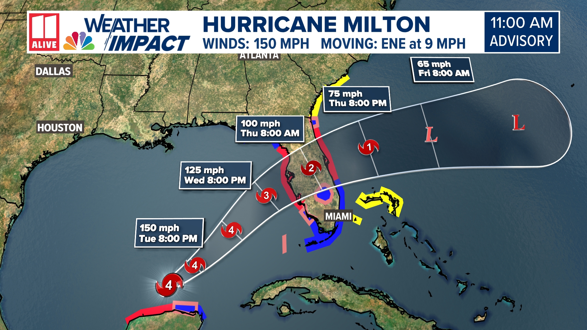 Milton underwent incredible rapid intensification on Monday, reaching peak winds of 180 mph. Here's the latest on its projected track.