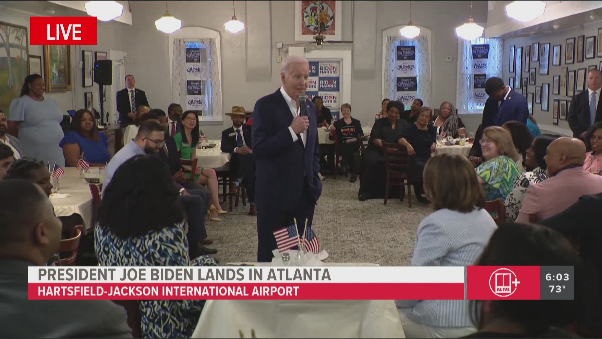 Biden flew into the city on Saturday for a campaign event. He's scheduled to deliver the upcoming commencement speech at Morehouse College on Sunday.