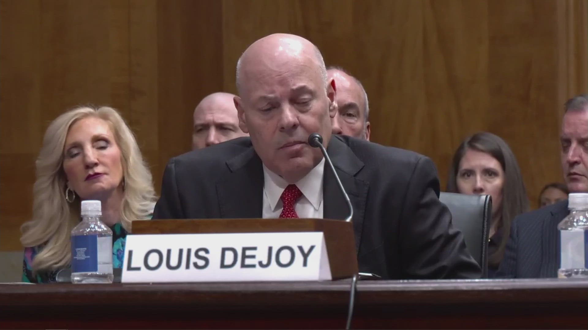 Louis DeJoy answered questions at a Senate hearing on Tuesday regarding ongoing issues at multiple postal facilities, including in Atlanta.