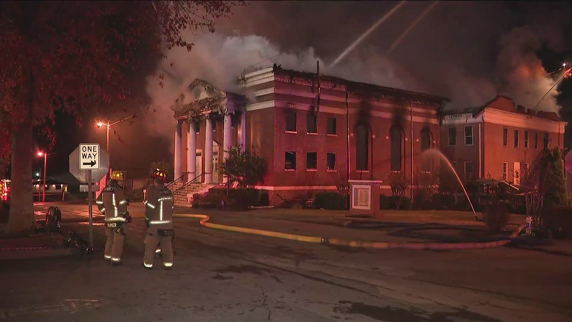 Crews battled a Thanksgiving night fire at First Pentecostal Church in downtown Buford.