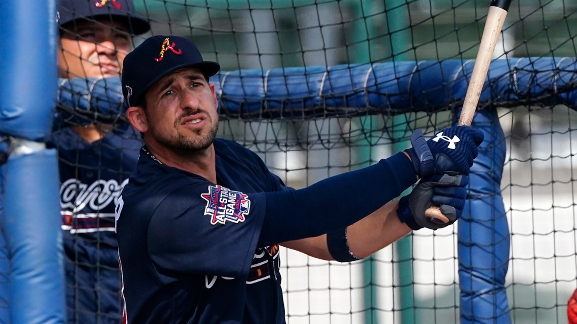 ATLANTA, GA – MAY 07: Atlanta shortstop Sean Kazmar Jr. (53) in the dugout  during the MLB game between the Philadelphia Phillies and the Atlanta  Braves on May 7th, 2021 at Truist