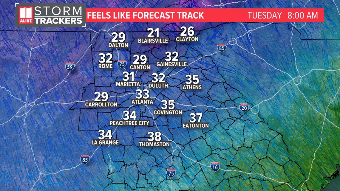 Sub-freezing wind chills arrive Tuesday morning in metro Atlanta, north Georgia
