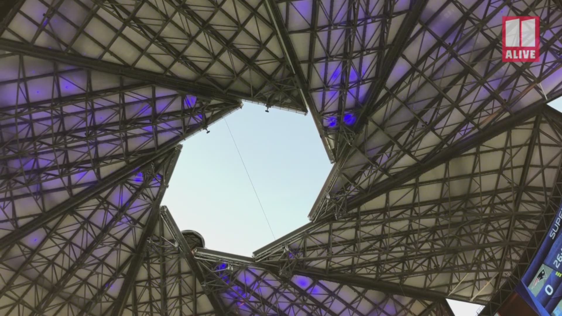 The roof was open for the pre-game festivities for Super Bowl LIII in Atlanta.