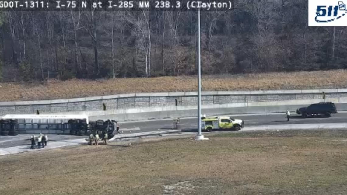I-75 to I-285 ramp blocked in Clayton County after tractor trailer tips ...
