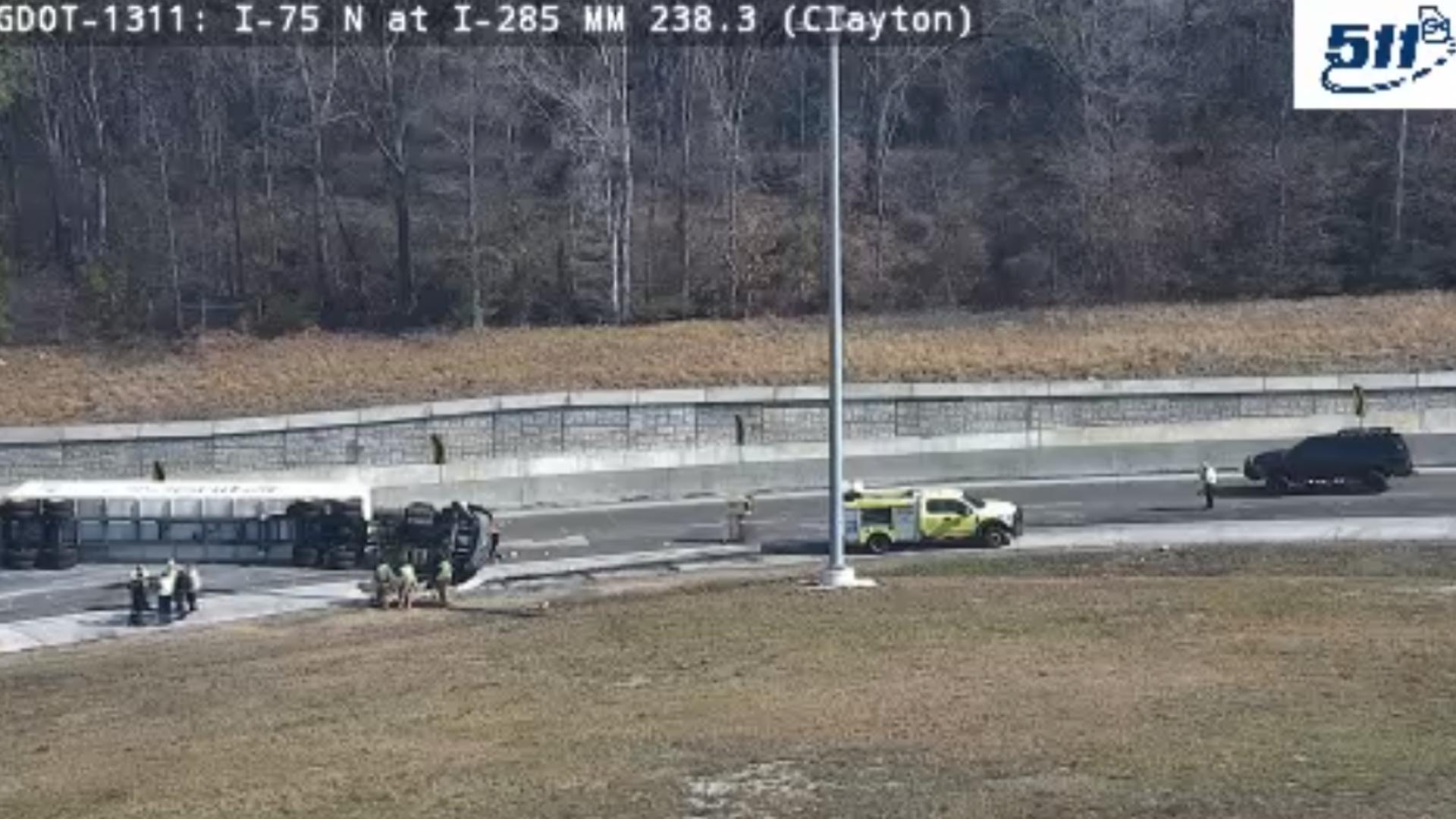 I-75 to I-285 ramp blocked in Clayton County after tractor trailer tips ...
