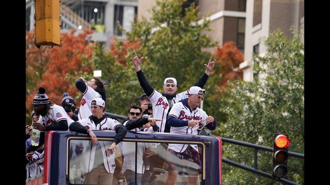 Atlanta, USA. 05th Nov, 2021. Outfielder Joc Pederson addresses fans at a  ceremony after a parade to celebrate the World Series Championship for the  Atlanta Braves at Truist Park in Atlanta, Georgia