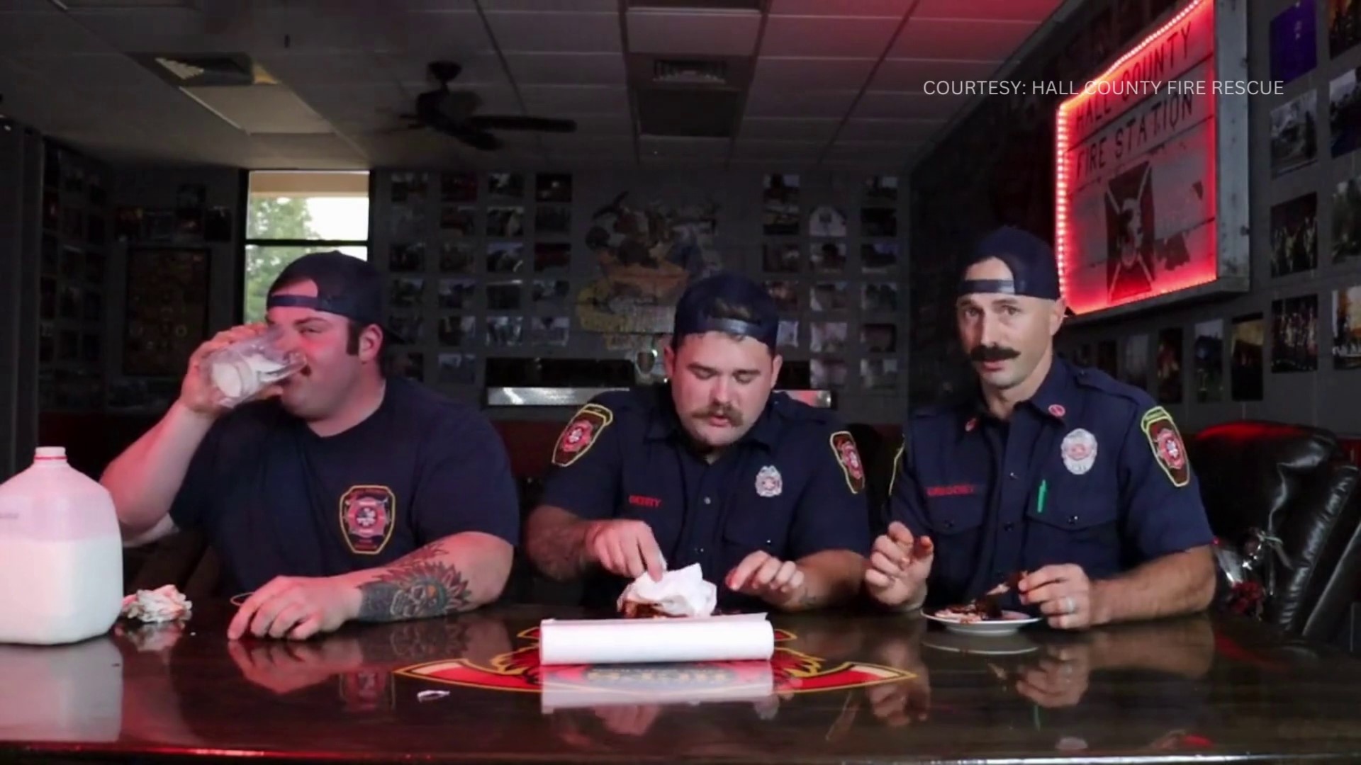 A spicy challenge had Hall County firefighters laughing and gasping for air as they tackled insanely hot wings while answering questions.