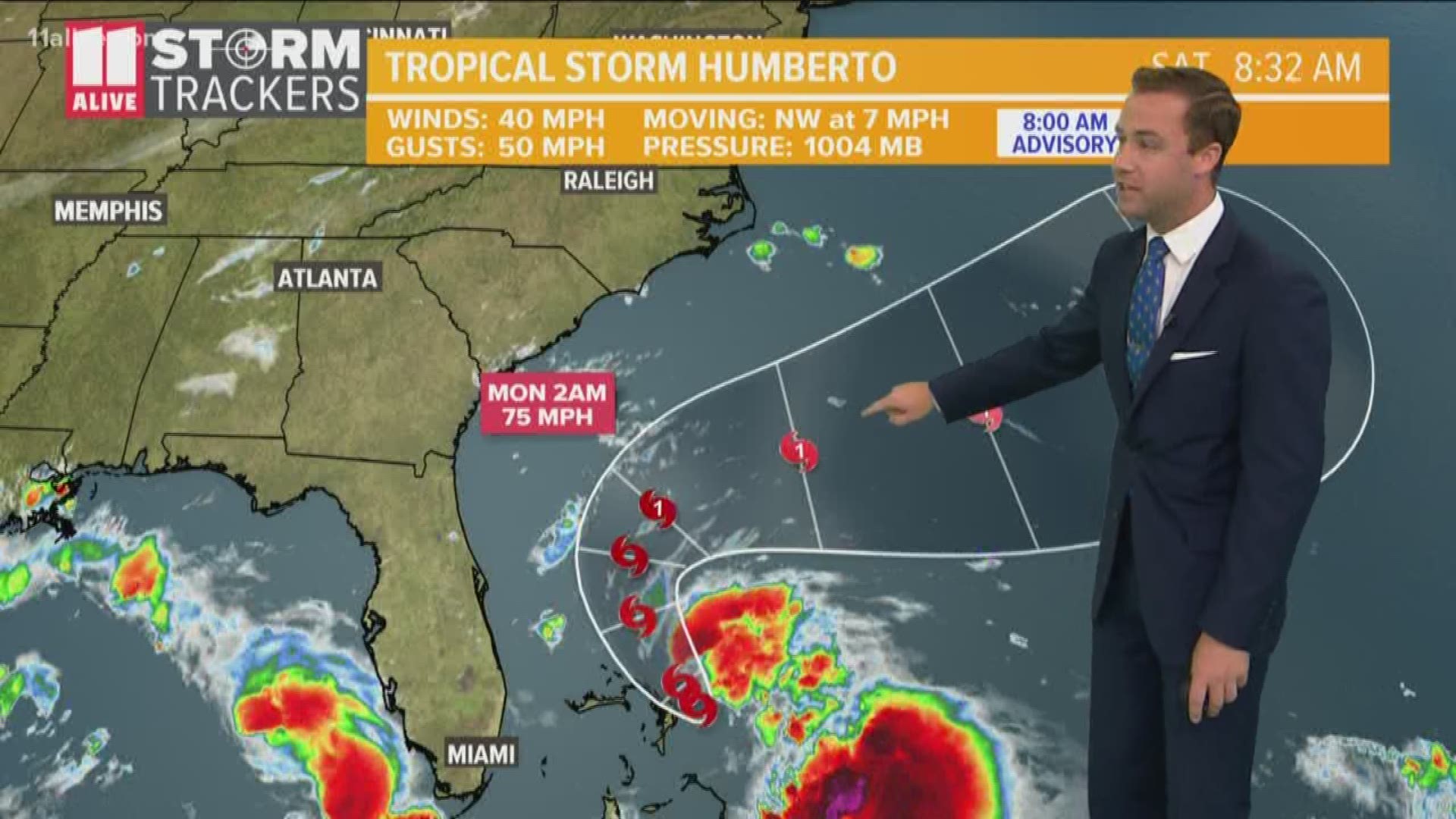 A quick look at how Tropical Storm Humberto may affect the southeastern United States early Saturday morning.